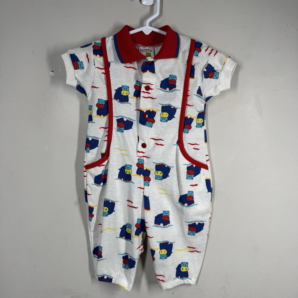 VTG Sears Baby Pajama Lounge Snap Short Sleeve Romper Hippos AOP NWT NEW 12M USA